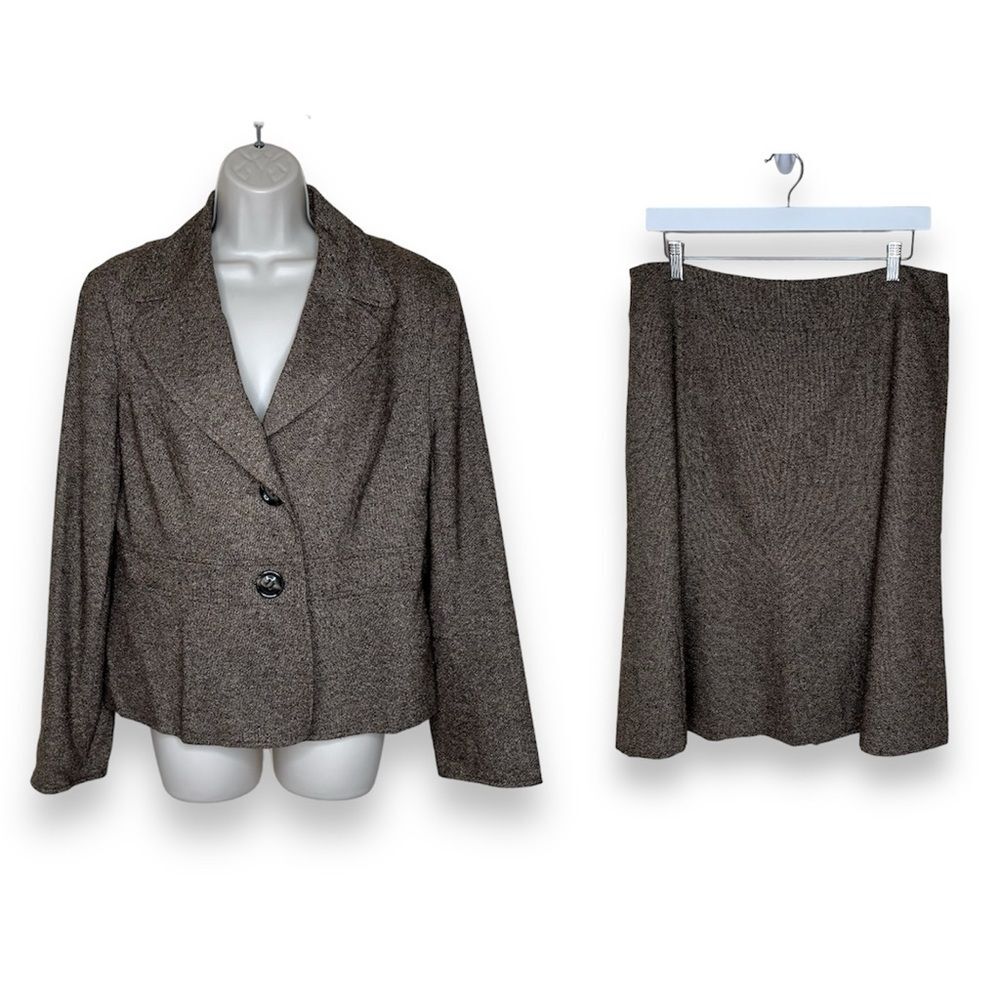 Vintage Talbots Wool Silk Tweed Flare Skirt Peplum Jacket Set Brown Womens 12